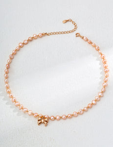 Pink Pearl Necklace with Bow Pendant D0583