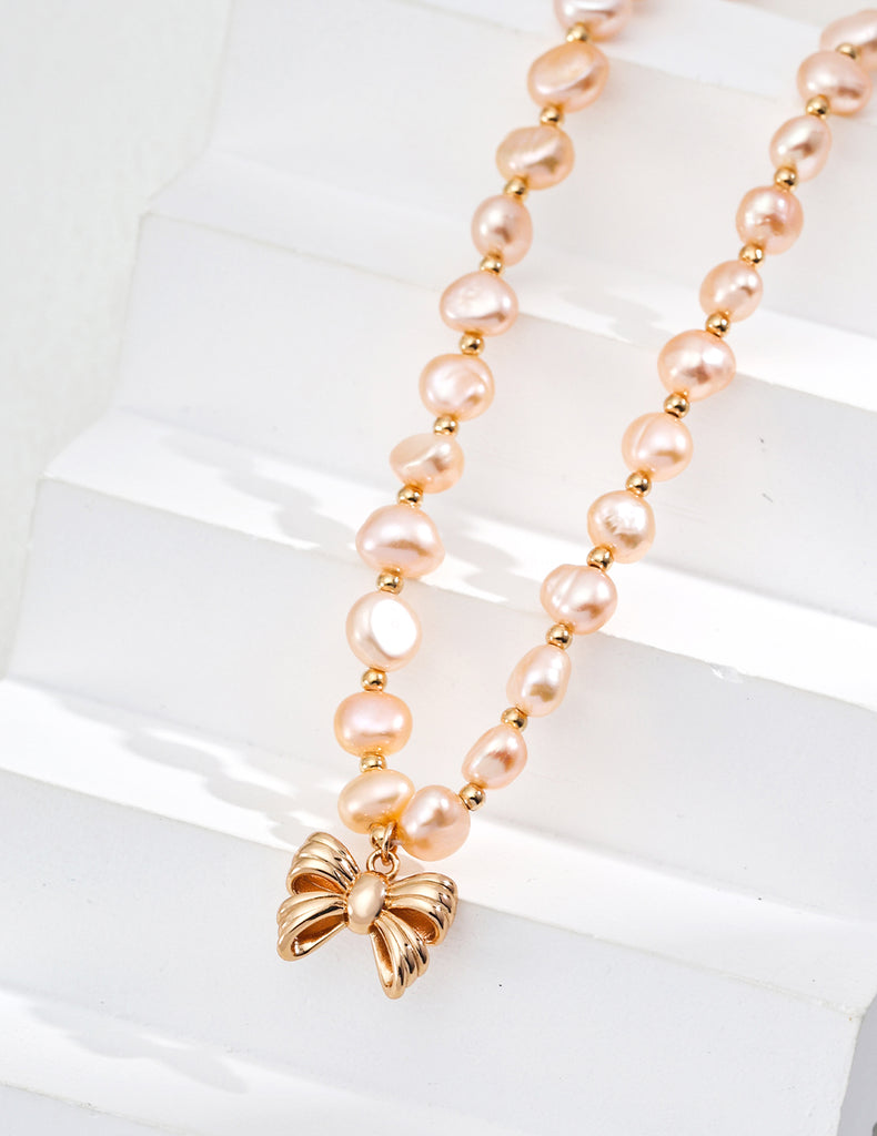 Pink Pearl Necklace with Bow Pendant D0583