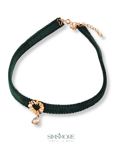 Simple Green Velvet Ribbon/Black PU  Zircon Necklace D0585