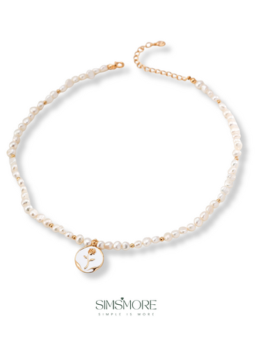 Natural Pearl Drip Enamel Rose Pendant Necklace D0614