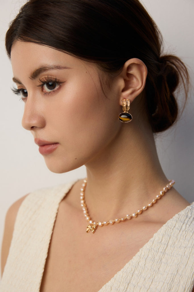 Pink Pearl Necklace with Bow Pendant D0583