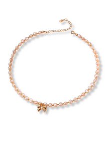 Pink Pearl Necklace with Bow Pendant D0583