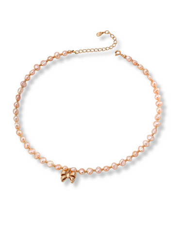 Pink Pearl Necklace with Bow Pendant D0583