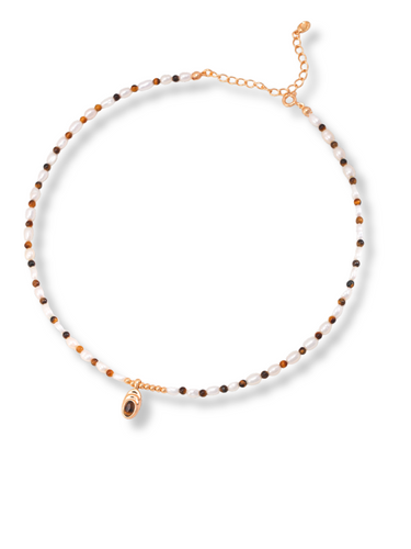 Tiger's Eye Pendant Pearl Necklace D0466