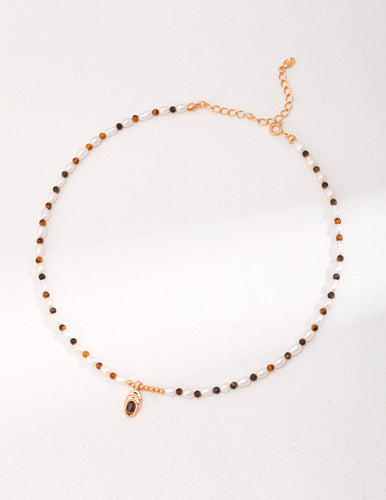 Tiger's Eye Pendant Pearl Necklace D0466