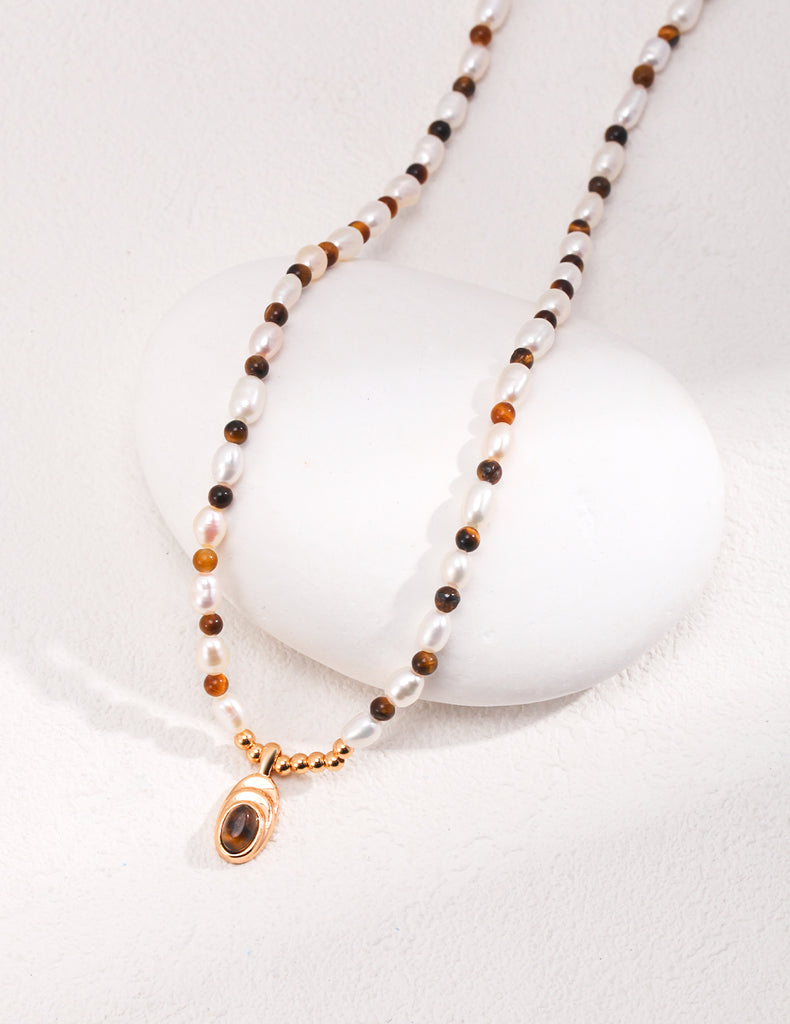 Tiger's Eye Pendant Pearl Necklace D0466