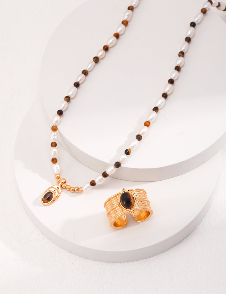 Tiger's Eye Pendant Pearl Necklace D0466