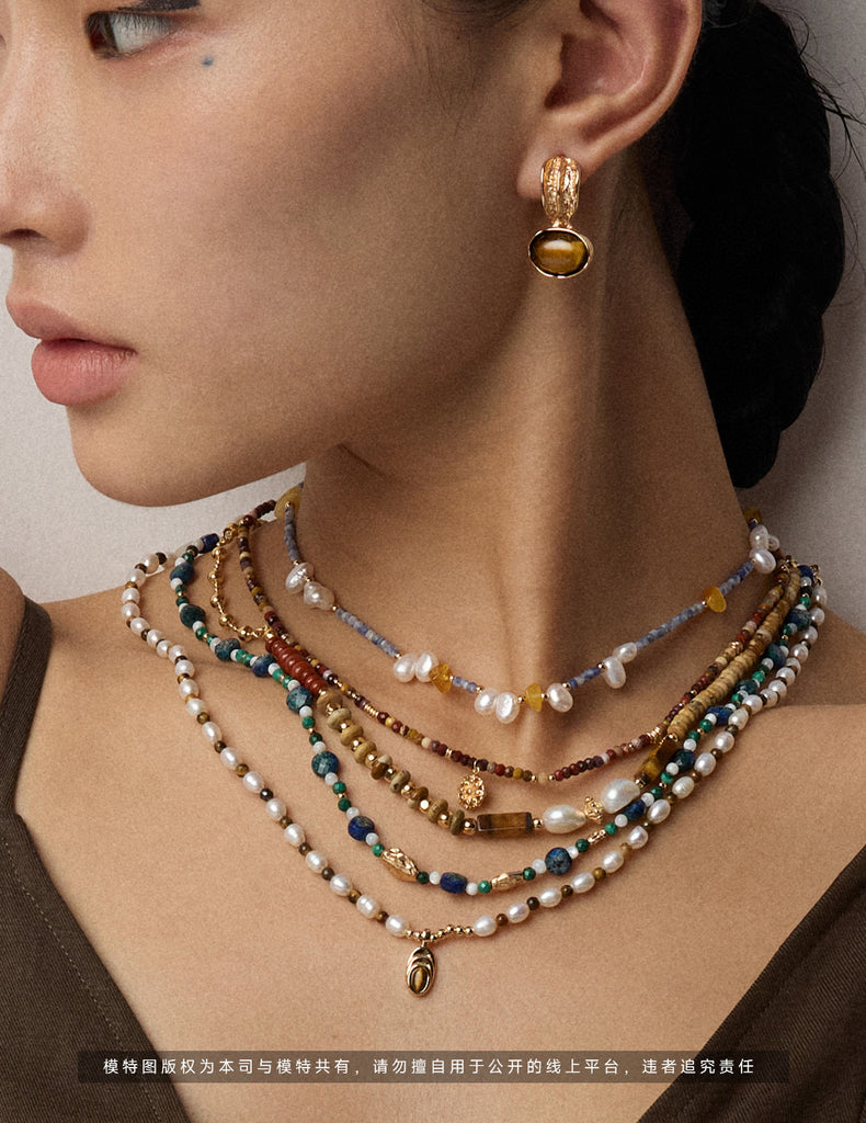Tiger's Eye Pendant Pearl Necklace D0466