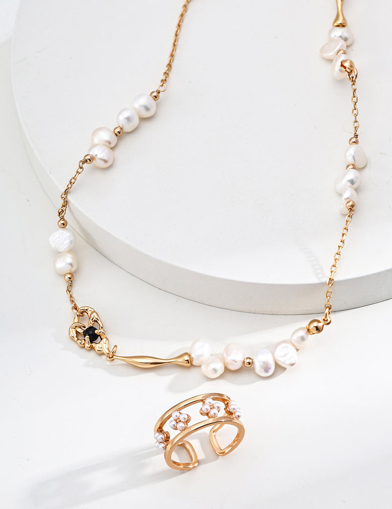 Natural Pearl Black Agate Necklace D0594