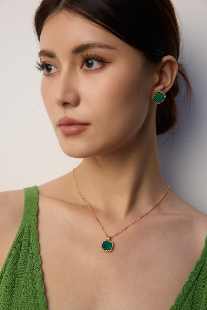 Simple Zirconia Natural Malachite Necklace  D0570
