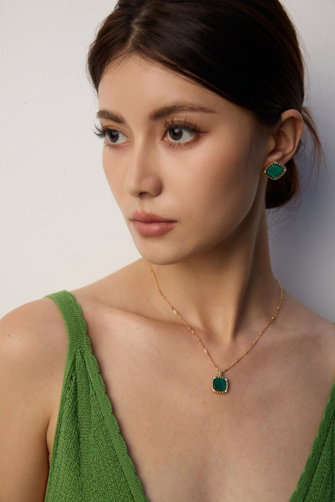 Simple Zirconia Natural Malachite Necklace  D0570