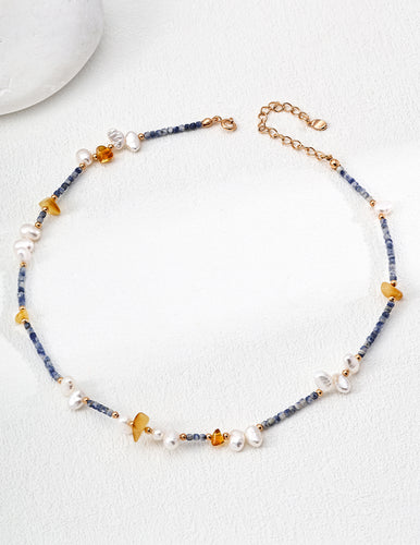 Blue Topaz and Amber Necklace D0626
