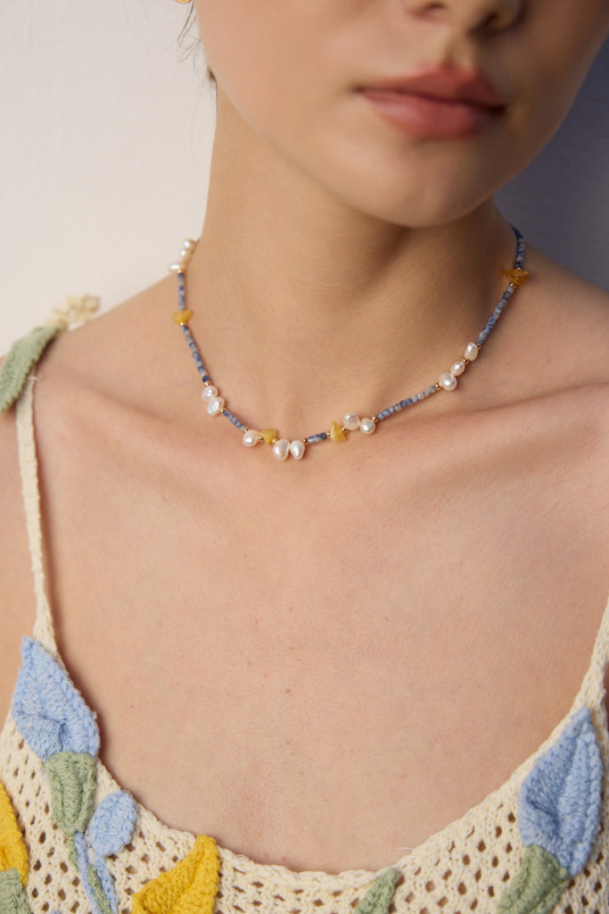 Blue Topaz and Amber Necklace D0626