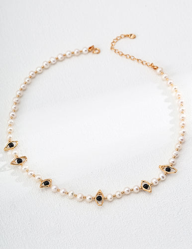 Natural Pearl Black Agate Necklace D0588