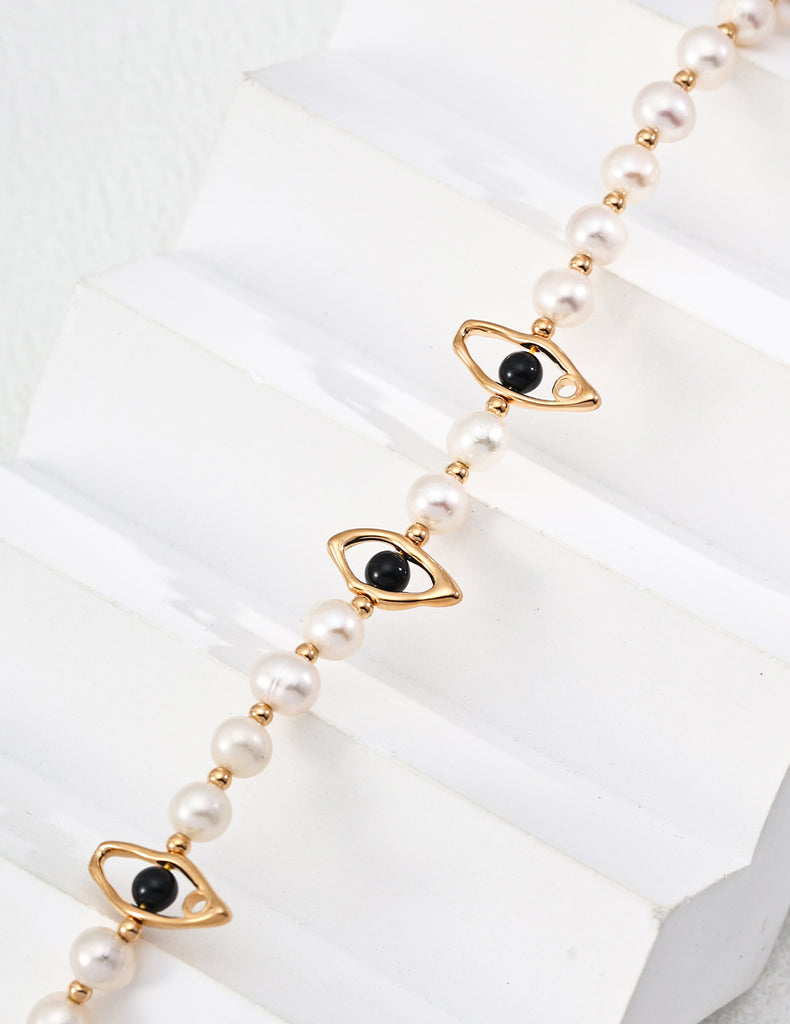 Natural Pearl Black Agate Necklace D0588