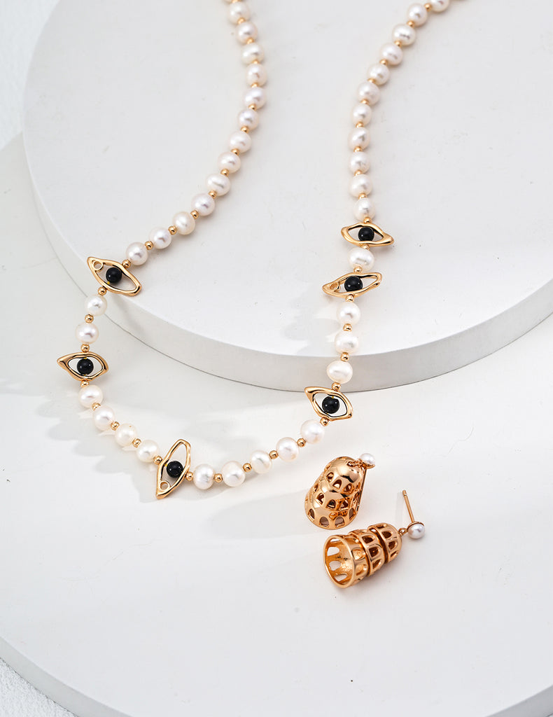 Natural Pearl Black Agate Necklace D0588