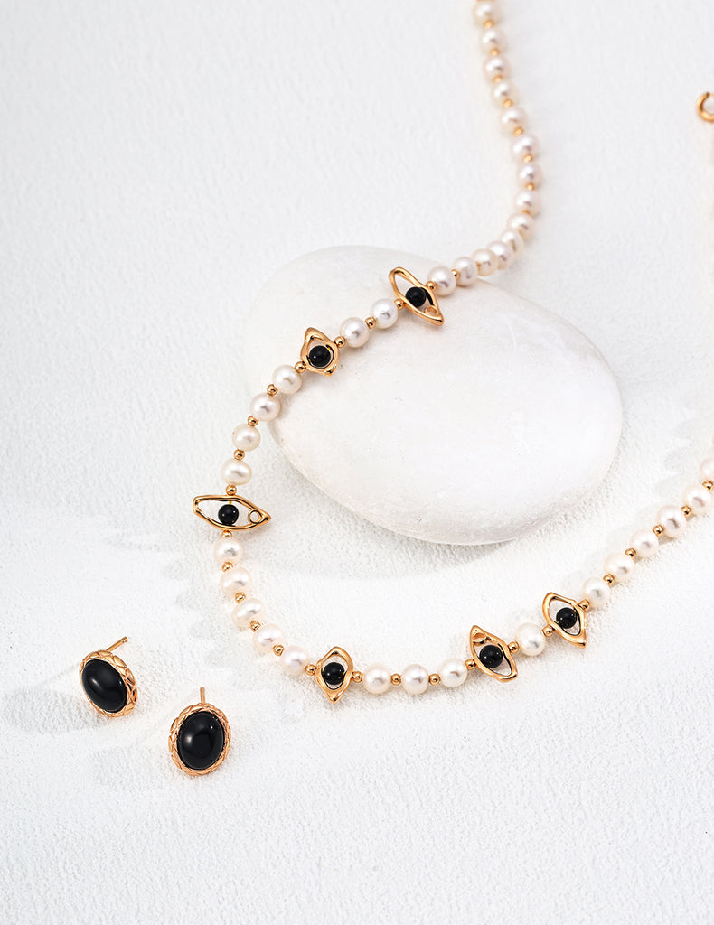 Natural Pearl Black Agate Necklace D0588