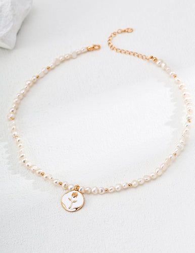 Natural Pearl Drip Enamel Rose Pendant Necklace D0614