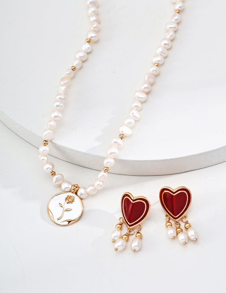 Natural Pearl Drip Enamel Rose Pendant Necklace D0614
