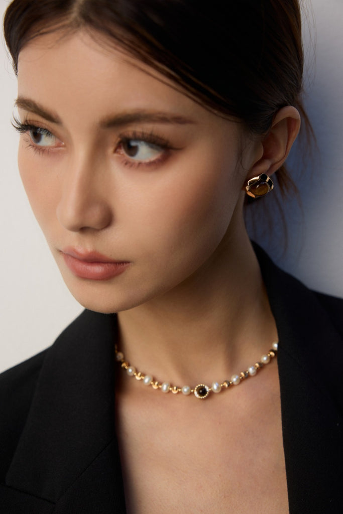 Natural Pearl Tiger's Eye Zircon Necklace D0590