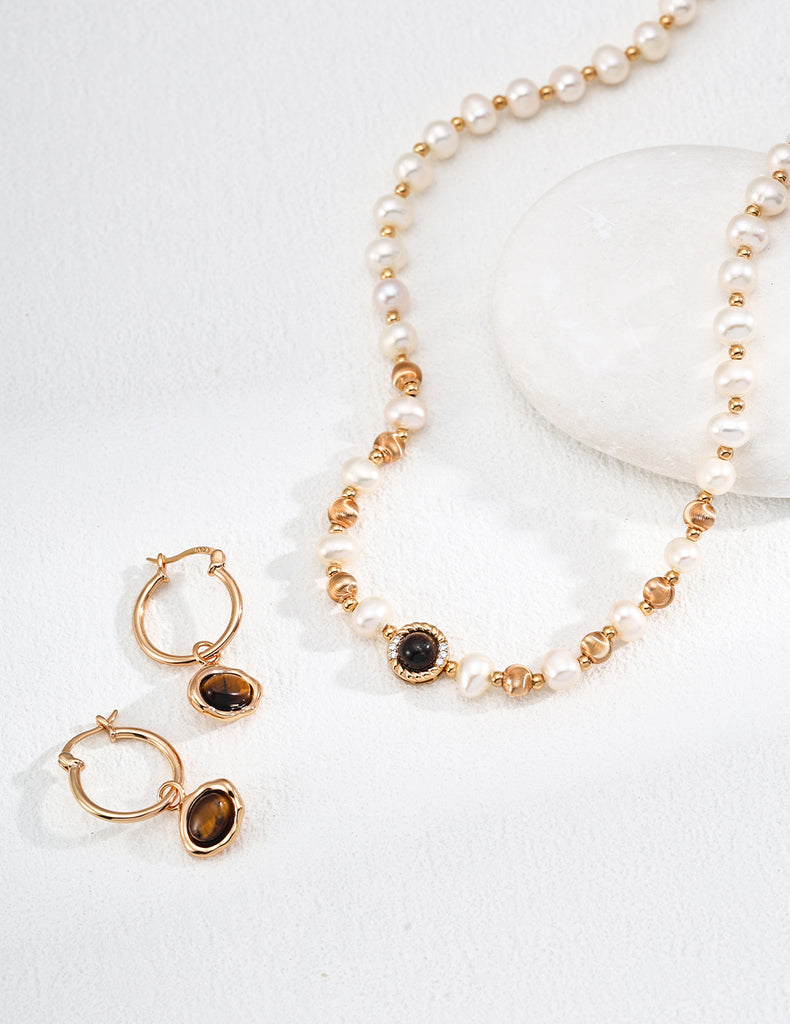 Natural Pearl Tiger's Eye Zircon Necklace D0590