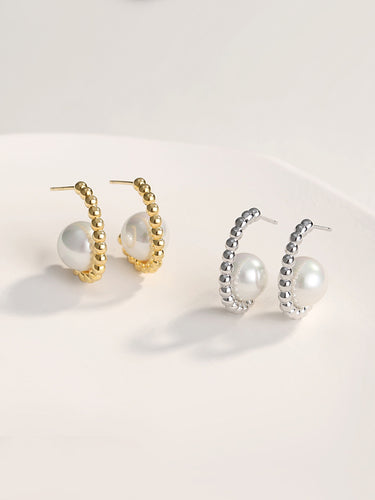 Minimalist Shell Pearl Hoops E0685