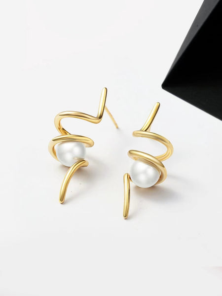 Curved Silver Pearl Earrings E0352 – simsmore